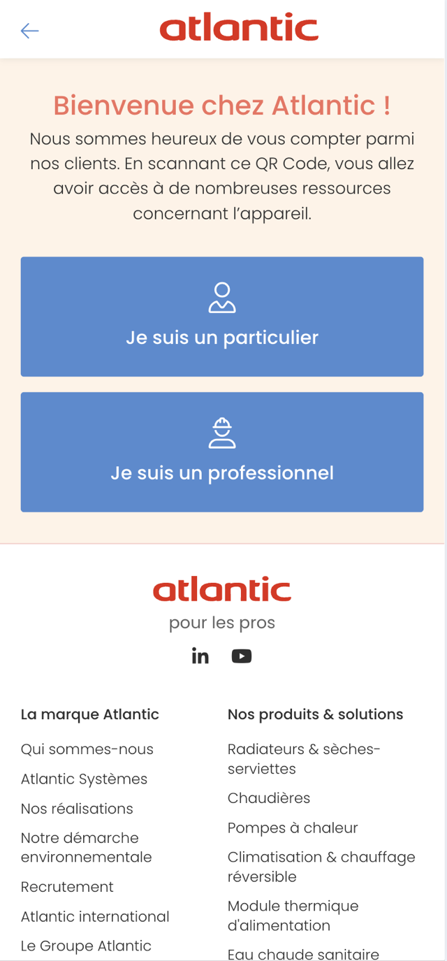 Écran Bienvenue chez Atlantic : choix « Je suis un professionnel »