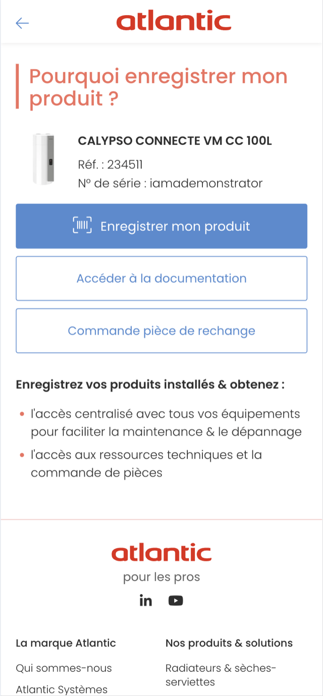 Écran produit CALYPSO : enregistrer le produit, documentation, commande de pièces