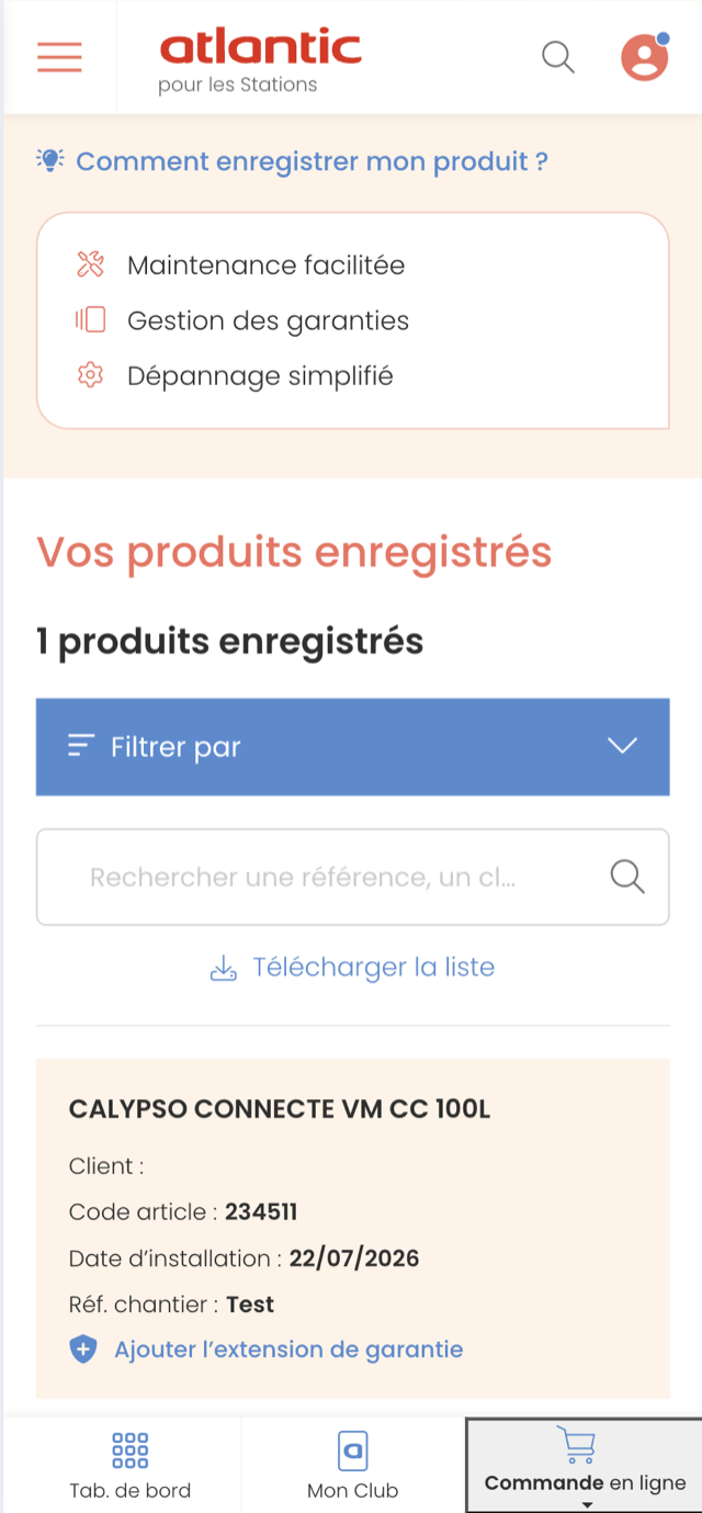 Écran Vos produits enregistrés : liste du parc client